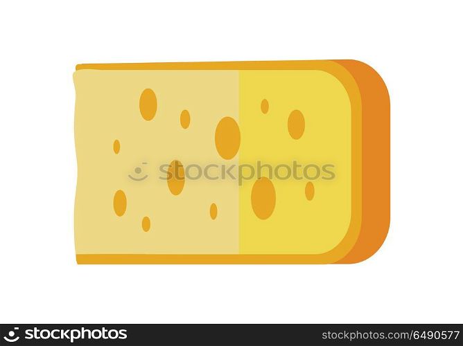 Piece of Cheese Isolated. Piece of cheese isolated on white background. Natural farm food. Dairy product. Logo illustration. Retail store element. Yellow cheese icon. Vector illustration in flat style.