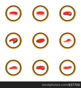 Piece of meat icons set. Cartoon style set of 9 piece of meat vector icons for web design. Piece of meat icons set, cartoon style