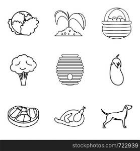 Piece of meat icons set. Outline set of 9 piece of meat vector icons for web isolated on white background. Piece of meat icons set, outline style