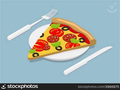 Piece of Pizza isometrics. 3D Italian food on plate. Cutlery fork and knife. Kitchenware. Pizza ingredients tomatoes and cheese, sausage and spinach&#xA;