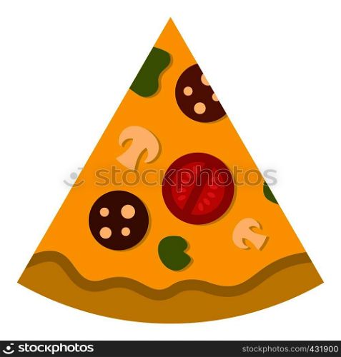 Piece of pizza with sausage, tomatoes and mushrooms icon flat isolated on white background vector illustration. Piece of pizza with sausage icon isolated