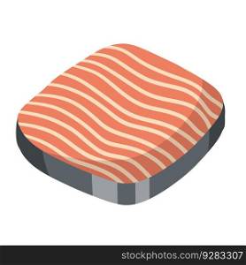Piece of red salmon fish meat with pink stripe. Raw Seafood. The cut off part. Slices with grey skin. Kitchen and meal element. Cartoon illustration. Food for Cooking sushi. Piece of red salmon fish meat with pink stripe.