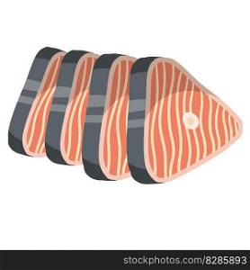 Piece of red salmon fish meat with pink stripe. The cut off part. Slices with grey skin. Kitchen and meal element. Cartoon illustration. Set of Raw Seafood. Food for Cooking sushi. Piece of red salmon fish meat