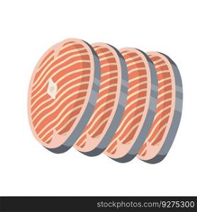 Piece of red salmon fish meat with pink stripe. The cut off part. Slices with grey skin. Kitchen and meal element. Cartoon illustration. Set of Raw Seafood. Food for Cooking sushi. Piece of red salmon fish meat with pink stripe.
