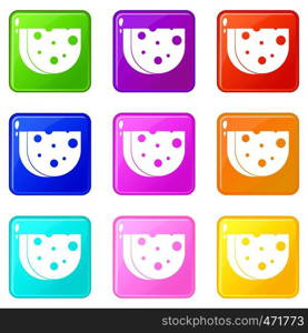 Piece of Swiss cheese icons of 9 color set isolated vector illustration. Piece of Swiss cheese icons 9 set