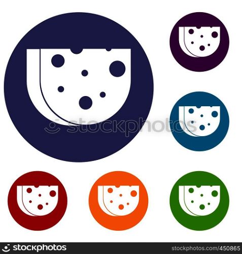 Piece of Swiss cheese icons set in flat circle reb, blue and green color for web. Piece of Swiss cheese icons set