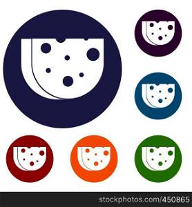Piece of Swiss cheese icons set in flat circle reb, blue and green color for web. Piece of Swiss cheese icons set