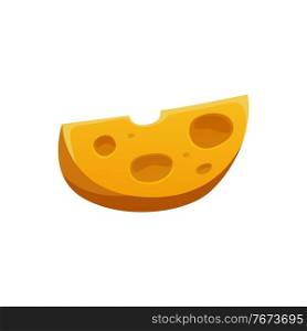 Piece of Swiss cheese isolated grocery food product cartoon icon. Vector healthy eating, italian and french cuisine appetizer snack, nutrition Emmental or Edam cheese with holes or circles. Emmental Swiss cheese, maasdam gouda grocery food