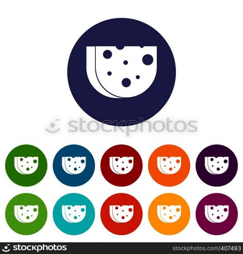 Piece of Swiss cheese set icons in different colors isolated on white background. Piece of Swiss cheese set icons