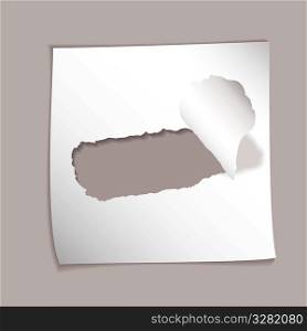 Piece of white square paper with hole torn and drop shadow