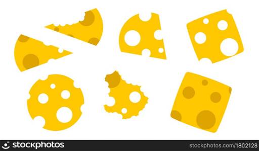 Pieces of cheese. Slicing cheese in different shapes. Flat vector illustration isolated on white background.. Pieces of cheese. Flat vector illustration isolated on white