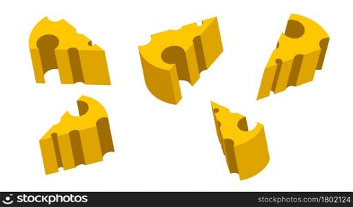 Pieces of cheese with holes in different angles. Cartoon dairy products yellow pieces with holes. 3D vector illustration on white background.. Pieces of cheese with holes. 3D vector illustration