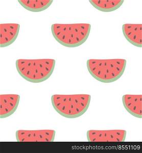 Pieces of watermelon seamless pattern vector illustration. Repeat sliced juicy watermelon berry. Print for textiles, packaging, wallpaper, design. Template healthy organic food. Model hand drawn fruit. Pieces of watermelon seamless pattern vector illustration