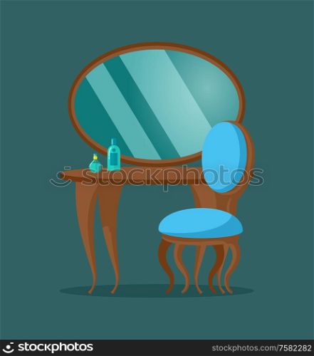 Pier glass vector, console mirror with blue chair and table. Isolated icon of desk with bottles of perfumes, stylish vintage furniture for womens bedroom. Pier Glass Console Mirror with Chair and Table