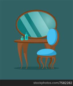 Pier glass vector, console mirror with blue chair and table. Isolated icon of desk with bottles of perfumes, stylish vintage furniture for womens bedroom. Pier Glass Console Mirror with Chair and Table
