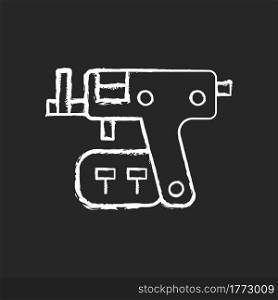 Piercing gun chalk white icon on dark background. Special instrument for making holes in body skin. Injecting jewellery in human body. Modern style. Isolated vector chalkboard illustration on black. Piercing gun chalk white icon on dark background