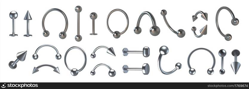 Piercing jewelry. Realistic metal nose rings. 3D earrings and pierced face and body accessories set. Isolated silver cones and balls. Steel hoops or barbells. Vector metallic bijouterie collection. Piercing jewelry. Realistic metal nose rings. 3D earrings and pierced face and body accessories set. Silver cones and balls. Hoops or barbells. Vector metallic bijouterie collection