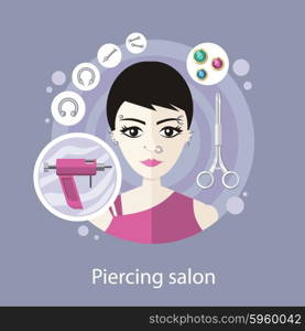 Piercing salon flat style design. Body piercing, ear piercing, nose piercing, face piercing, earrings beauty, body fashion, tool and pierce, ring metallic, professional illustration