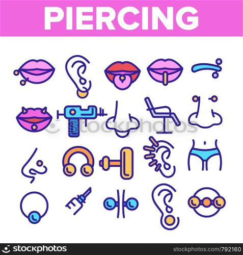 Piercing Salon Theme Linear Vector Icons Set. Piercing Earrings, Ball closure Ring Symbols Pack. Stainless Steel Jewelry Pictograms. Professional Tool, Equipment Signs, Outline Illustrations. Piercing Salon Theme Linear Vector Icons Set