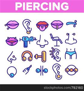 Piercing Salon Theme Linear Vector Icons Set. Piercing Earrings, Ball closure Ring Symbols Pack. Stainless Steel Jewelry Pictograms. Professional Tool, Equipment Signs, Outline Illustrations. Piercing Salon Theme Linear Vector Icons Set