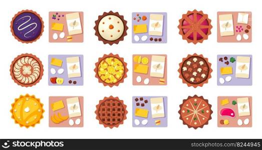Pies and fruits. Cartoon sweet dessert pastry and ingredients, berries and fruits, traditional rural bakery. Vector colorful cheesecake and tart slices set. Different cake recipes with egg, butter. Pies and fruits. Cartoon sweet dessert pastry and ingredients, berries and fruits, traditional rural bakery. Vector colorful cheesecake and tart slices set