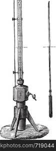 Piezometric gauge Mr. Caillet, for very high pressures, vintage engraved illustration. Industrial encyclopedia E.-O. Lami - 1875.