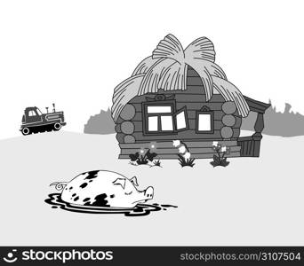 pig against rural building, vector illustration