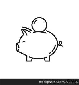 Pig bank with coin isolated thin line icon. Vector save money concept, piggy animal moneybox pictogram. Financial economy and deposit, bonus revenue symbol. Poverty and debt, save money concept. Piggy money bank with coin isolated thin line icon