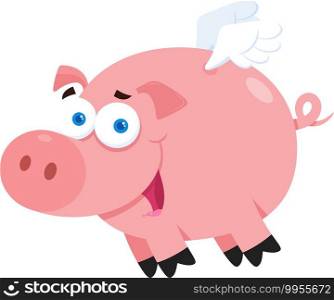 Pig Cartoon Character Flying In Sky. Vector Illustration Flat Design Isolated On Transparent Background