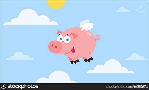 Pig Cartoon Character Flying In Sky. Vector Illustration Flat Design With Sky Background