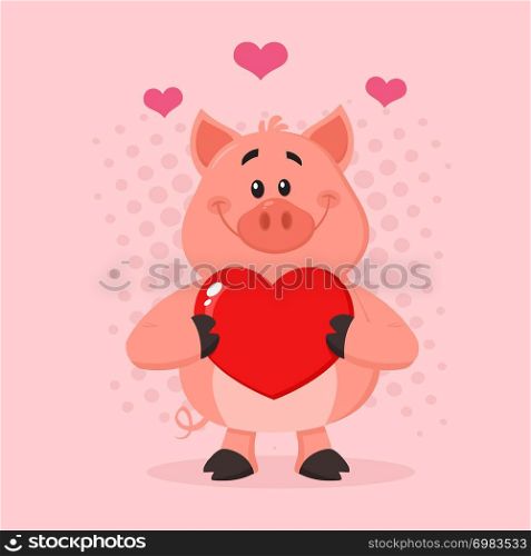 Pig Cartoon Character Holding A Valentine Love Heart. Vector Illustration Flat Design With Pink Background