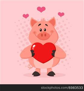 Pig Cartoon Character Holding A Valentine Love Heart. Vector Illustration Flat Design With Pink Background
