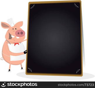 Pig Cook Holding Blackboard Menu. Illustration of a pig chef cook holding a blackboard menu