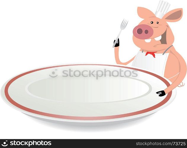 Pig Cook Showing Menu On Dishware. Illustration of a cartoon pig cook showing his menu on dishware