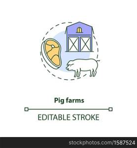 Pig farms concept icon. Farm production types. Healthy meat. Mamal ranch. Animal foods production idea thin line illustration. Vector isolated outline RGB color drawing. Editable stroke. Pig farms concept icon