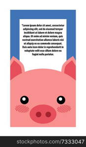 Pig head on book cover design vector illustration banner cute animal and text isolated on blue background. Pig face on poster or brochure for kids. Pig Head Book Cover Design Vector Illustration