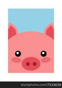 Pig head on book cover design vector illustration banner with cute animal isolated on blue background. Pig face on poster or brochure for kids. Pig Head Book Cover Design Vector Illustration