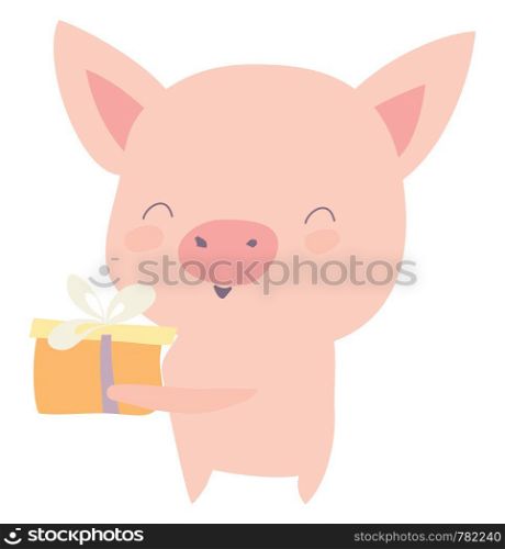 Pig holding gift, illustration, vector on white background.