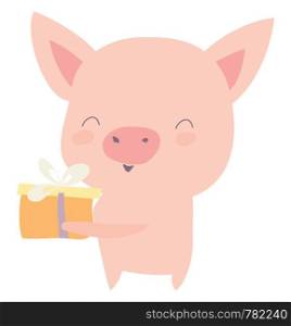 Pig holding gift, illustration, vector on white background.