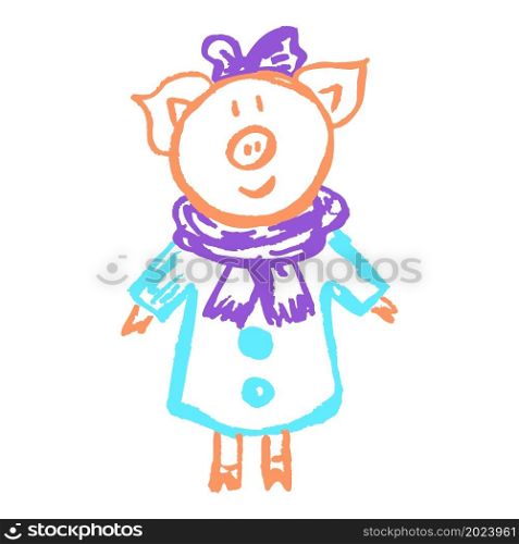 Pig. Icon in hand draw style. Drawing with wax crayons, colored chalk, children&rsquo;s creativity. Vector illustration. Sign, symbol, pin. Icon in hand draw style. Drawing with wax crayons, children&rsquo;s creativity