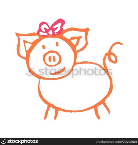 Pig. Icon in hand draw style. Drawing with wax crayons, colored chalk, children&rsquo;s creativity. Vector illustration. Icon in hand draw style. Drawing with wax crayons, children&rsquo;s creativity