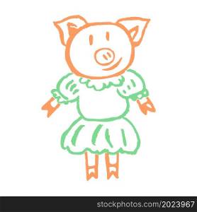 Pig. Icon in hand draw style. Drawing with wax crayons, colored chalk, children&rsquo;s. Icon in hand draw style. Drawing with wax crayons, children&rsquo;s creativity