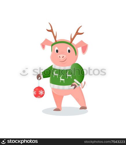 Pig in deer horns and knitted sweater, New Year holiday. Domestic livestock animal with Christmas tree decoration or ball vector illustration isolated. Pig in Deer Horns and Knitted Sweater, New Year