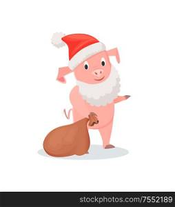 Pig in Santa costume with gifts sack, New Year holiday. Domestic animal in festive outfit, winter feasts celebration, zodiac creature vector illustration. Pig in Santa Costume with Gifts Sack, New Year