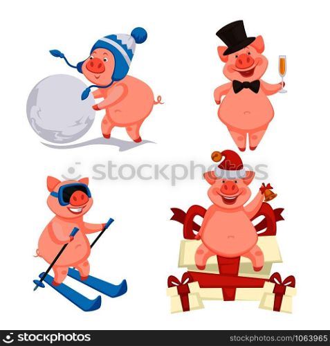Pig isolated icons New Year hat and snowball bowtie and champagne skis with sticks and mask gift boxes and jingle bell animal zodiac and astrology symbol outdoor activity and celebration vector.. Pig isolated icons New Year symbol snowball and ski gift and champagne