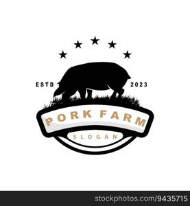 Pig Logo, Grilled Pork Pig Simple Rustic St&, Livestock Cattle Vector, BBQ Barbecue Emblem Badge Vintage Design Inspiration