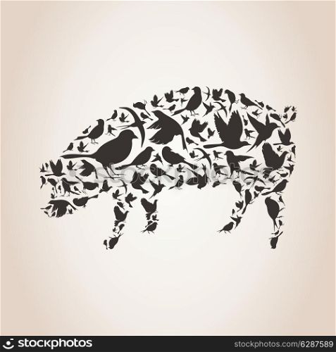 Pig made of birds. A vector illustration