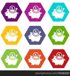 Pig money icons 9 set coloful isolated on white for web. Pig money icons set 9 vector