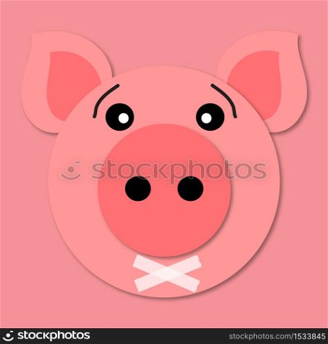 Pig muzzle close up. Funny and cute pig face in cartoon style. 3d paper art. Vector. Pig icon. Tape over lips. Emoji silence. Pig muzzle close up. Funny and cute pig face in cartoon style. 3d paper art. Vector. Pig icon.