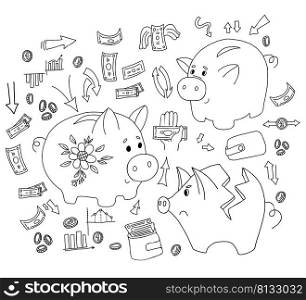 Pig piggy bank, banknotes and cash, money and coins, bank and income charts in style of linear doodles.Big set of business and finance elements. Vector illustration. Isolated elements For design